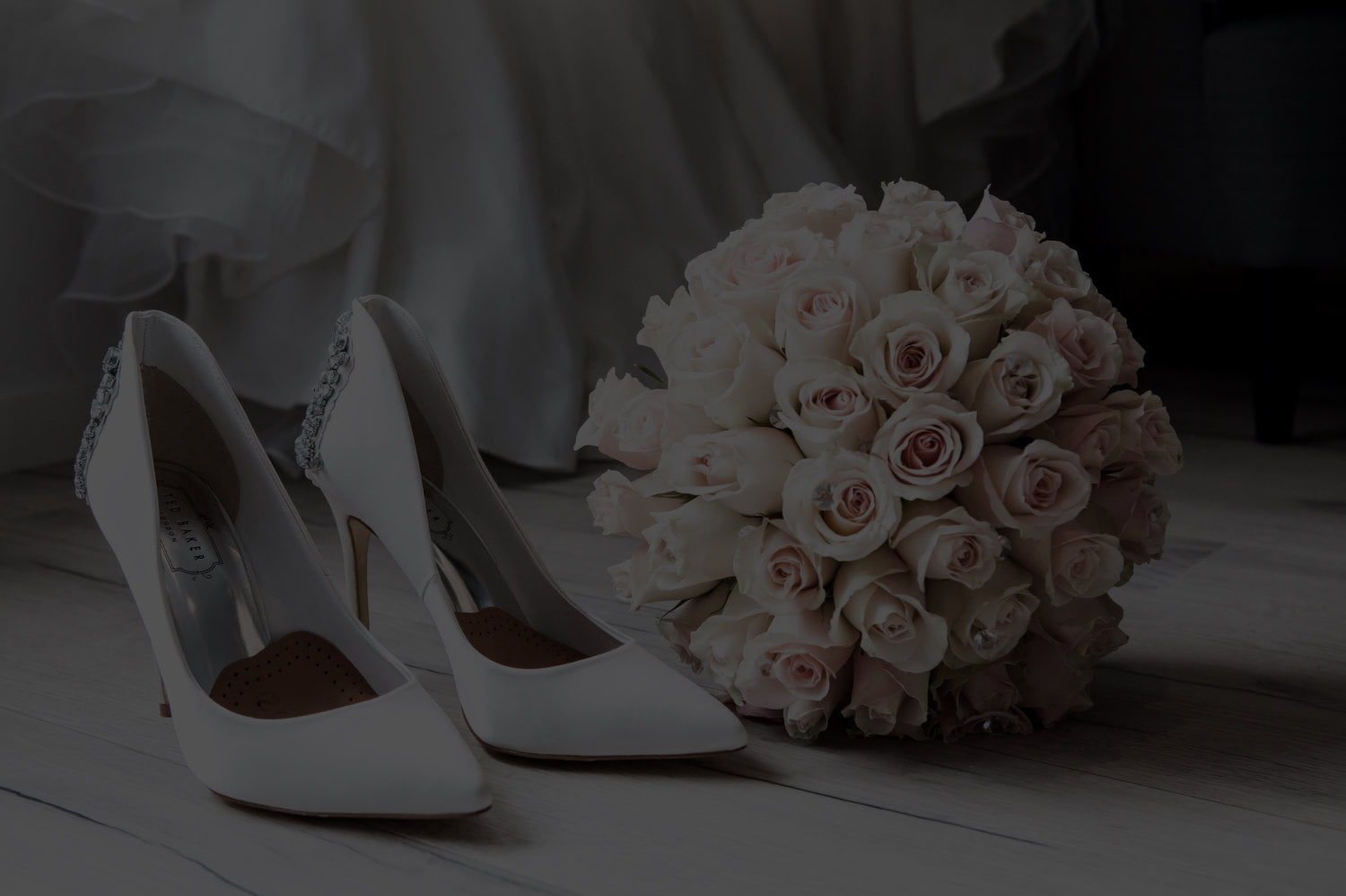 bridal shoes and bouquet