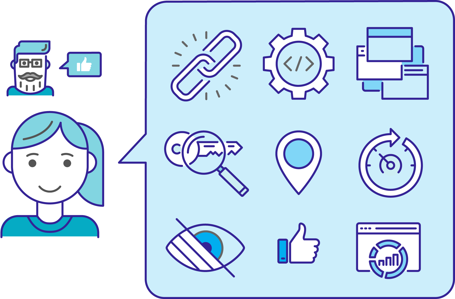 Blue and white line art of an SEO consultant and client with a speech bubble containing SEO-related symbols.