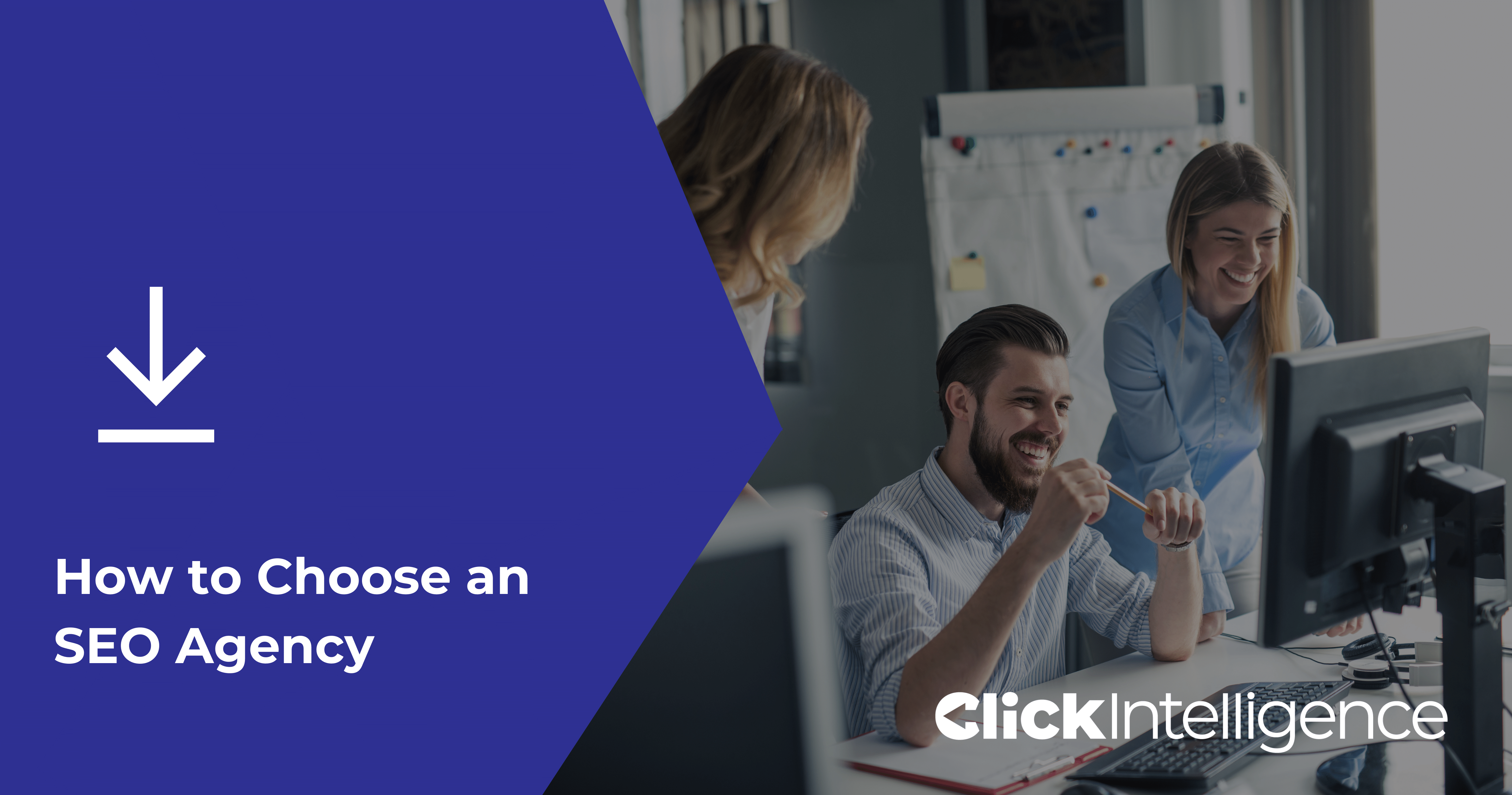 An e-book cover image titled 'How to Choose an SEO Agency', shows a group of happy co-workers at a desk in an office.