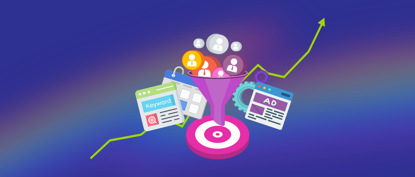 A purple funnel with icons and a graph