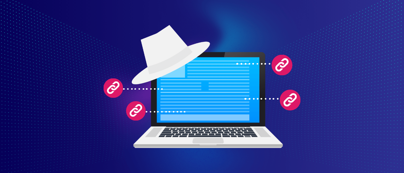 A web design concept showing a laptop with links to different sections of a webpage, and a white hat symbolizing ethical SEO practices.