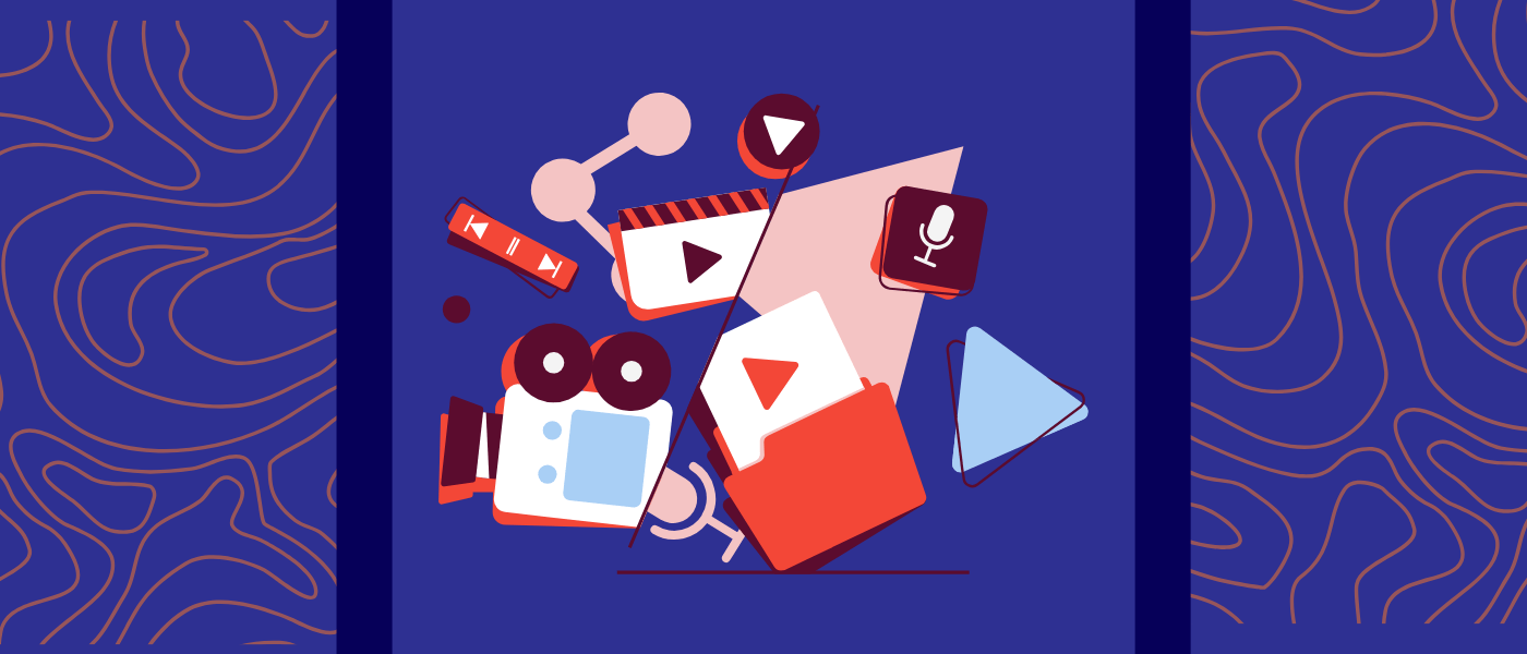 Content icons bundled together, representing video, podcasts and other media.
