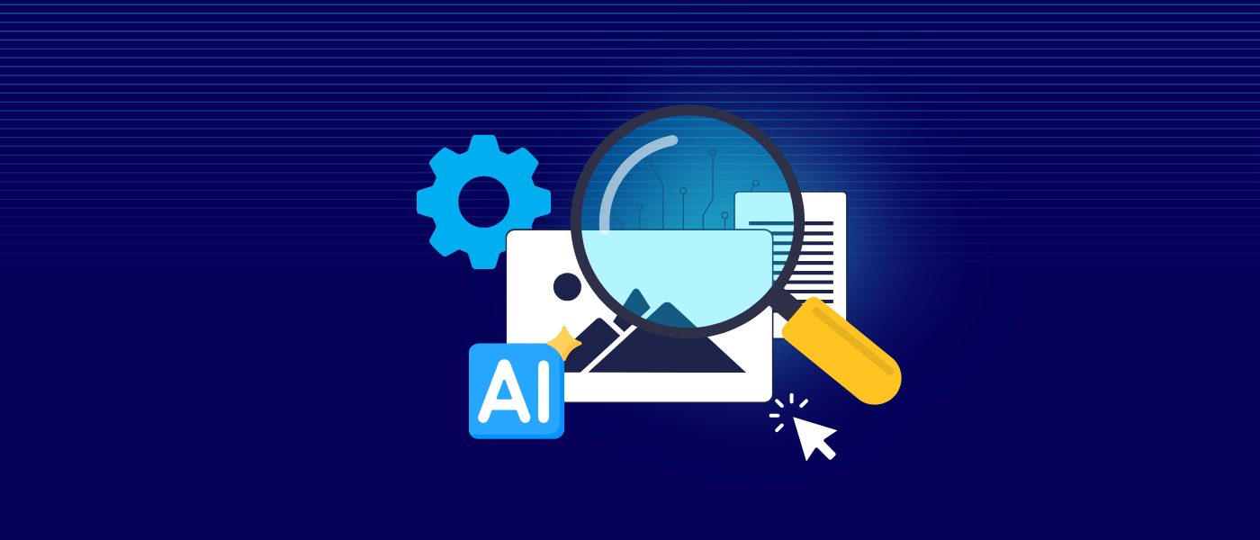 a magnifying glass over content screens with AI highlighted in a blue box